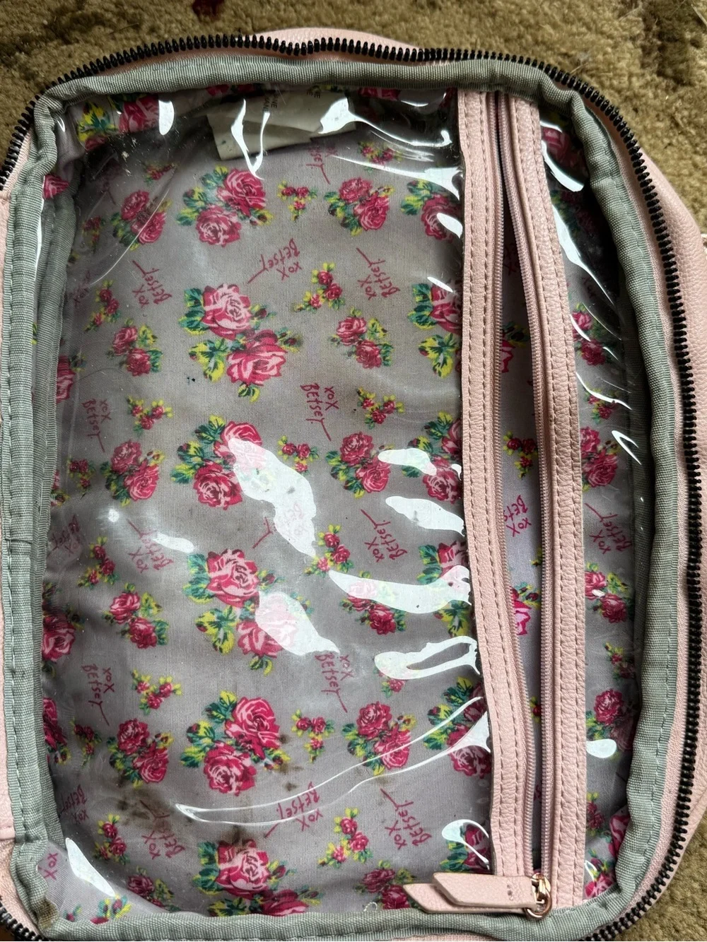 Betsey Johnson Pink Rose Gold Floral Bow Travel Cosmetic Bag